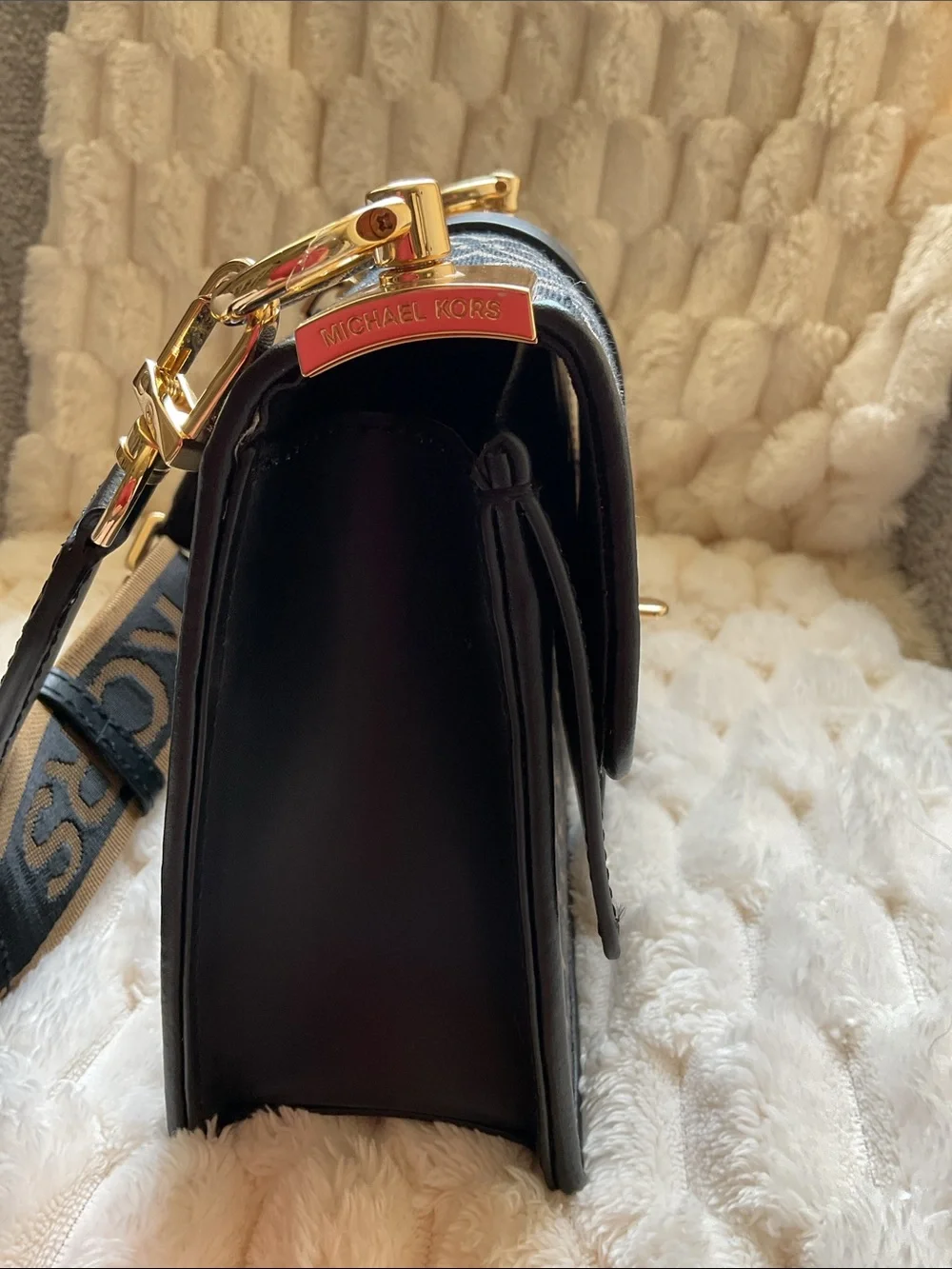 Michael Kors Black & Brown Logo Crossbody with Gold Accent Greenwich Small.